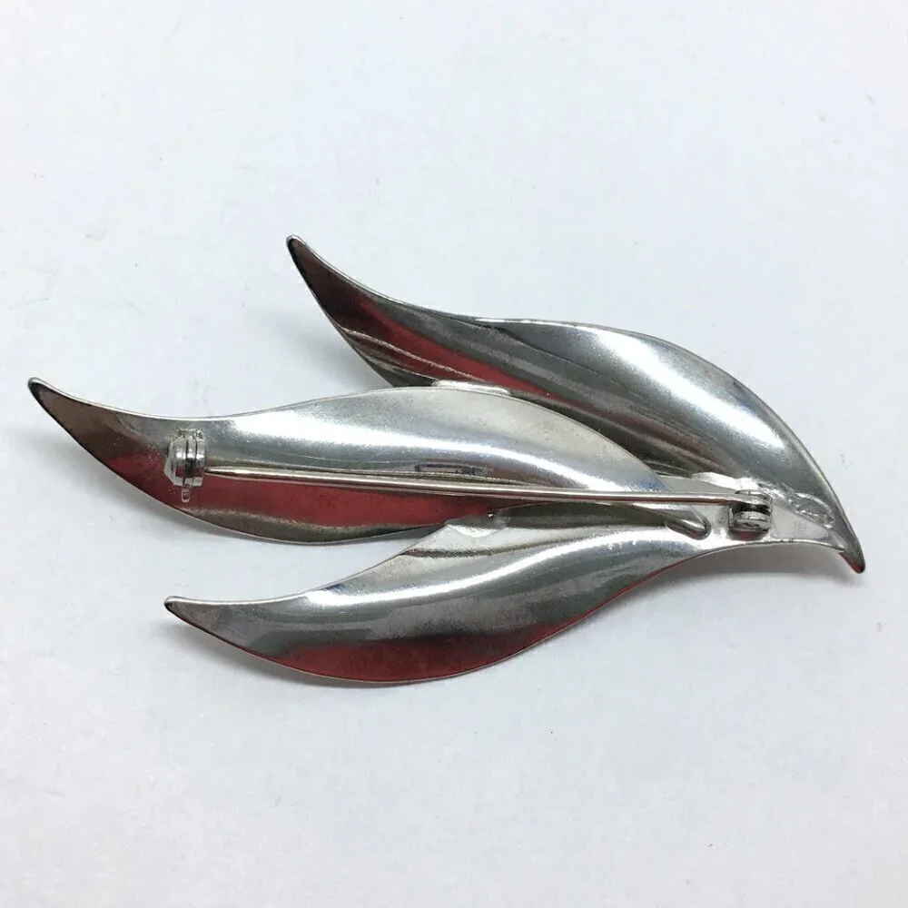 Silver Tone Leaves Brooch Large Leaf Pin Minimalist Art Deco Jewelry MCM Retro